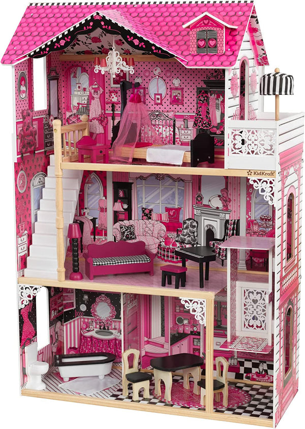 Casă de păpuși din lemn Kidkraft Amelia cu mobilier și accesorii, set de joacă cu balcon și lift pentru păpuși de 30 cm, jucărie pentru copii de la 3 ani, 65093 Casute de papusi Naty Shop Titlu implicit