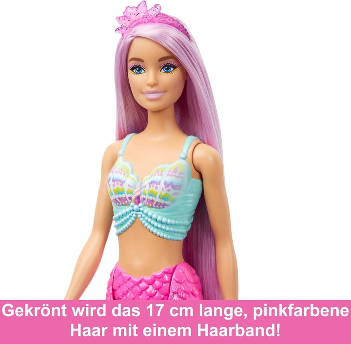 Păpușa Barbie Mermaid - cu păr lung roz și accesorii pentru styling personalizat, inclusiv perie, cochilie frumoasă și aripioare roz, pentru copii de la 3 ani, HRR00 Papusi Naty Shop