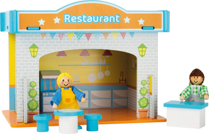Small Foot 10852 Playhouse Restaurant Fabricat din lemn, Cu 2 figurine pentru păpuși, accesorii și acoperiș detașabil, De la 3 ani Casute de papusi Naty Shop