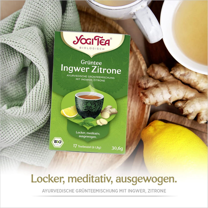 Yogi Tea - Ceai verde cu ghimbir și lămâie, ceai ayurvedic organic cu condimente și plante, amestec de ceai verde, ghimbir și lămâie, pachet de 3 ceaiuri Yogi, 3X17 pliculețe (51 pliculețe de ceai în total), ideal ca cadou