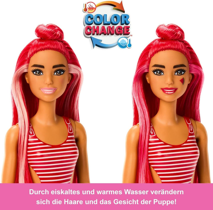 Barbie Pop Reveal Fruit - păpușă cu păr roșcat în aromă de pepene roșu, 8 surprize, fată squishy parfumată, păr și machiaj care își schimbă culoarea, pentru copii de la 3 ani, HNW43 Papusi Naty Shop