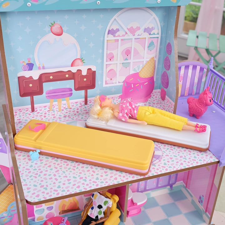 Casă de păpuși din lemn Kidkraft Candy Castle cu mobilier și accesorii, casă cu figurină Llama Unicorn, lift pentru tort de înghețată și scaun de cauciuc pentru păpuși, jucărie pentru copii de la 3 ani, 20242 Casute de papusi Naty Shop