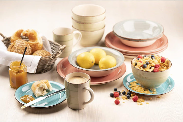 MÄSER 931875 Bel Tempo II, Teller-Set Für 6 Personen Im Modernen Vintage Look, 18-Teiliges Tafelservice, Handbemaltes Keramik-Geschirr Service, Steingut, Rauchblau Seturi vesela masa Naty Shop