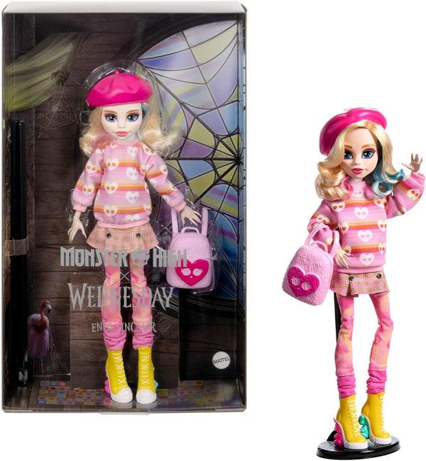 Păpușă și accesorii Monster High Wednesday, Enid Sinclair figurină de colecție în roz cu beretă și rucsac, suport pentru păpușă, HXJ05 Papusi Naty Shop Titlu implicit