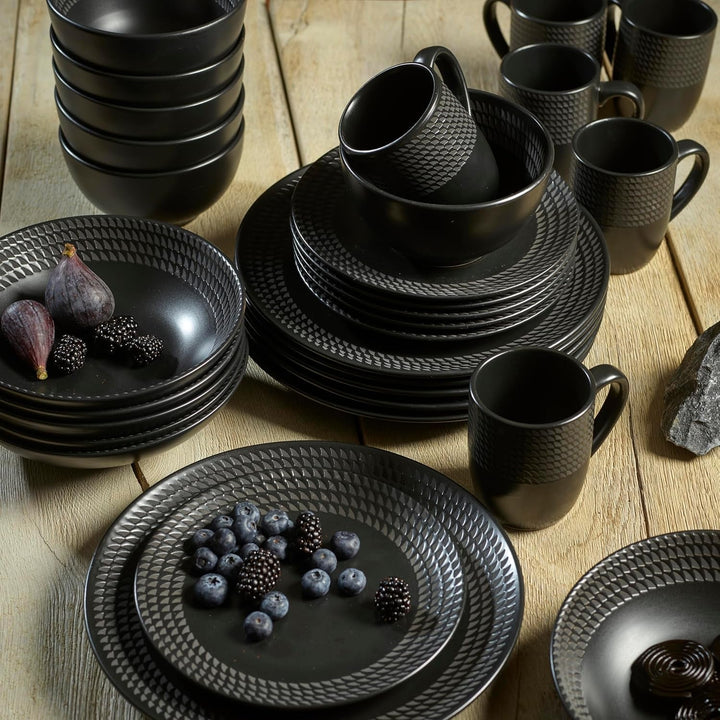ECHTWERK 30-Teiliges Vintage Kombiservice "Blackstyle" Modern-Design, Für 6 Personen, Geschirrset Aus Steingut Mit 6 X Speiseteller, 6 X Beilagenteller, 6 X Schüssel, 6 X Teetassen, 6 X Suppenteller Seturi vesela masa Naty Shop