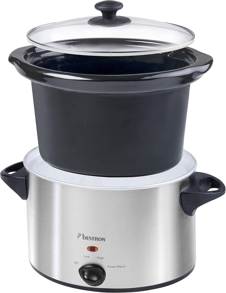 Bestron slow cooker cu tigaie ceramică și capac din sticlă, termostat cu 3 niveluri, ideal pentru multe feluri de mâncare, cum ar fi carne, supe și legume, 3,5 litri, culoare: argintiu Slow Cooker Naty Shop