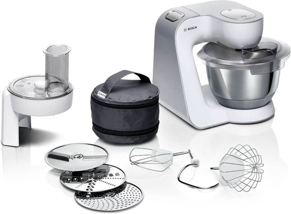 Küchenmaschine Serie 4 MUM58210, Edelstahl-Schüssel 3,9 L, Planetenrührwerk, Patisserie-Set Aus Edelstahl, Knethaken, Schlagbesen, Rührbesen, Durchlaufschnitzler, 3 Scheiben, 1000 W, Weiß/Silber Mama si Copilul Naty Shop