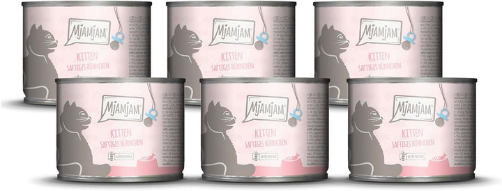Mjamjam - Hrană umedă premium pentru pisici - Kitten Juicy Chicken cu ulei de somon, pachet de 6 (6 X 200 G), fără cereale, cu extra carne