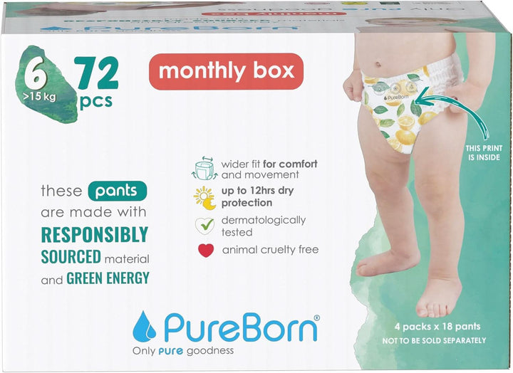 Scutece Pureborn Baby Premium Pantaloni, protectie optima zi si noapte, testate dermatologic, ultra moi, prietenoase cu pielea Mama si Copilul Naty Shop Marimea 6 (72 bucati)
