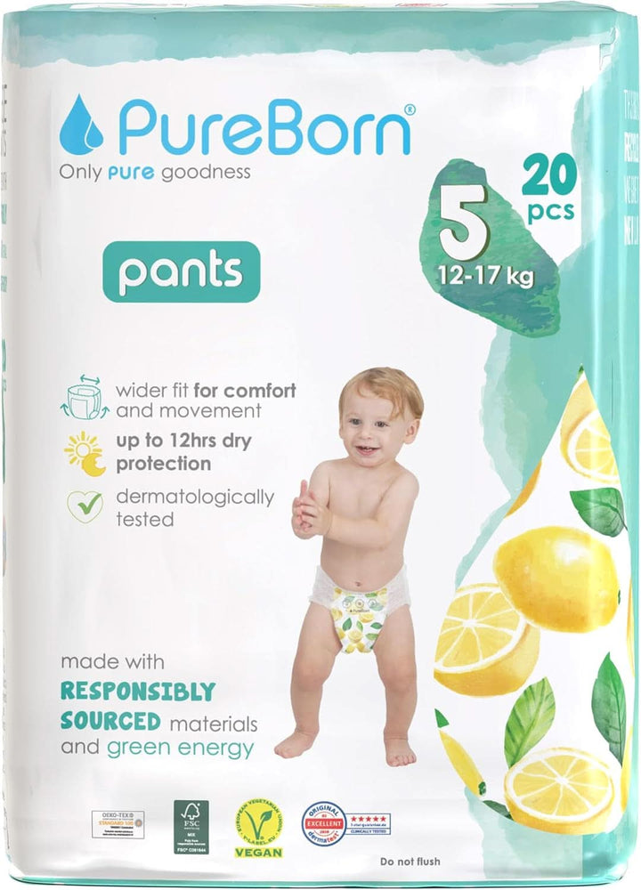 Scutece Pureborn Baby Premium Pantaloni, protectie optima zi si noapte, testate dermatologic, ultra moi, prietenoase cu pielea Mama si Copilul Naty Shop Marimea 5 (20 bucati)
