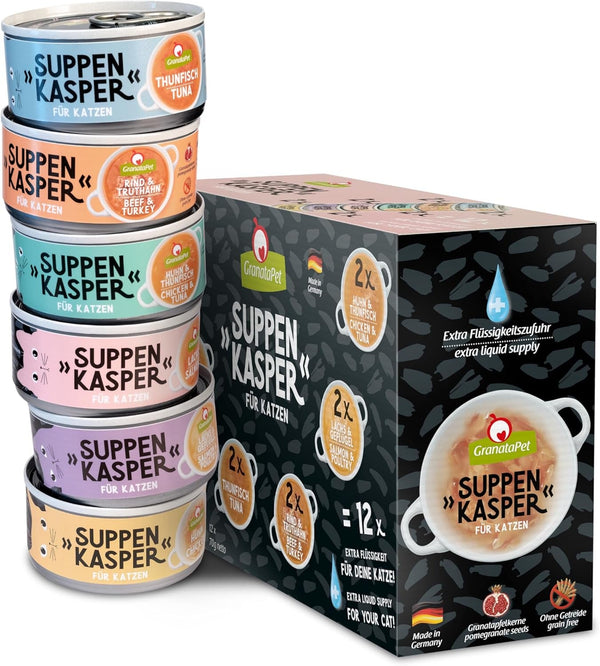 Granatapet Suppenkasper Multipack 6 varietăți, 12 X 70 G, Gustări pentru pisici, Răsfățuri pentru hidratare suplimentară, Supapă împotriva foametei mici, Hrană pentru pisici fără cereale și fără zahăr adăugat