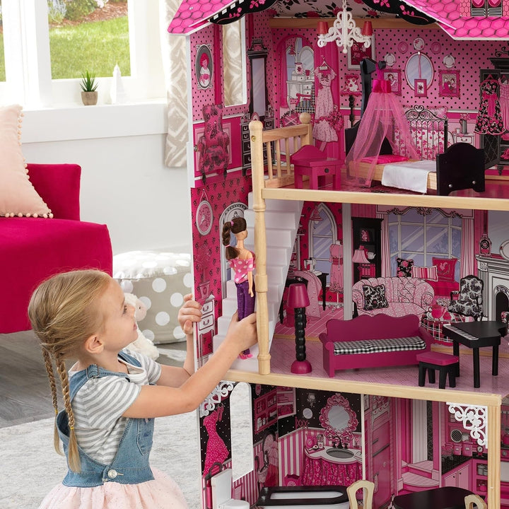 Casă de păpuși din lemn Kidkraft Amelia cu mobilier și accesorii, set de joacă cu balcon și lift pentru păpuși de 30 cm, jucărie pentru copii de la 3 ani, 65093 Casute de papusi Naty Shop