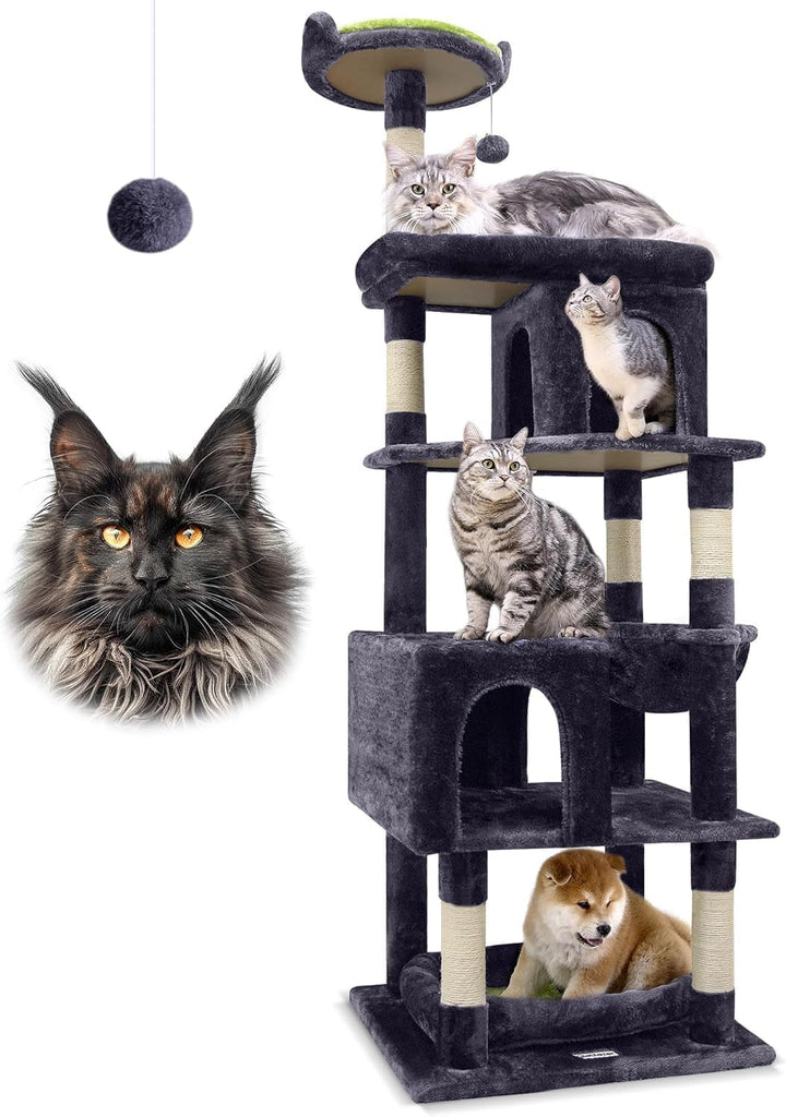 Ansamblu de pisici pentru Maine Coon, ansamblu de 183 cm înălțime, cu căsuță mare, platforme, stinghii, coș, pat pentru pisici, grajd, ansamble pentru pisici adulte de talie mare, peste 5 kg (S72, gri fumuriu)