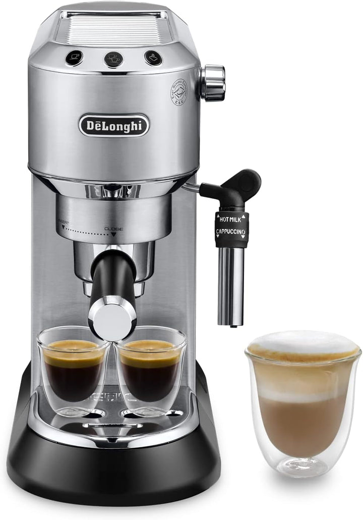 De'Longhi Dedica Style EC 685.B – Espressor portafiltru, espressor cu spumator de lapte profesional, doar 15 cm lățime, pentru cafea măcinată sau capsule ESE, rezervor de apă de 1 L, negru