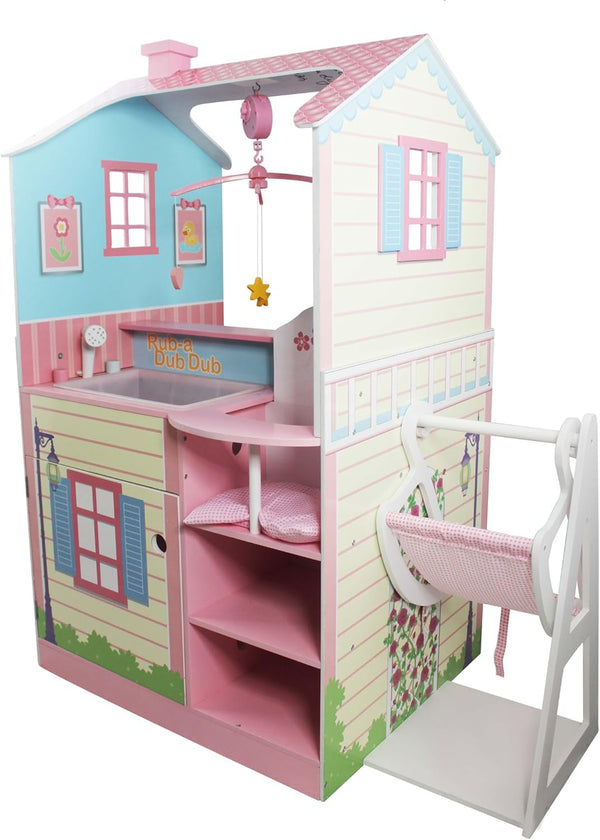 Olivia's Little World 2 En 1 Casă de păpuși și stație de schimbare Masa de schimbare Playset pentru păpuși din lemn cu scaun înalt TD-11460A Casute de papusi Naty Shop Td-11460A