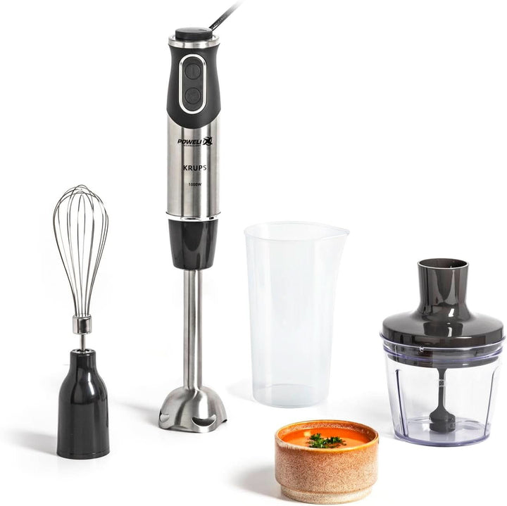Krups Perfect Mix Stabmixer HZ6568 | Blender | 1000 Watt | Edelstahlfuß | 4 Extra Scharfe Messer | Powelix Technologie | Schneebesen | 500 Ml Zerkleinerer | 800 Ml Messbecher | Schwarz/Silber Bucatarie Naty Shop