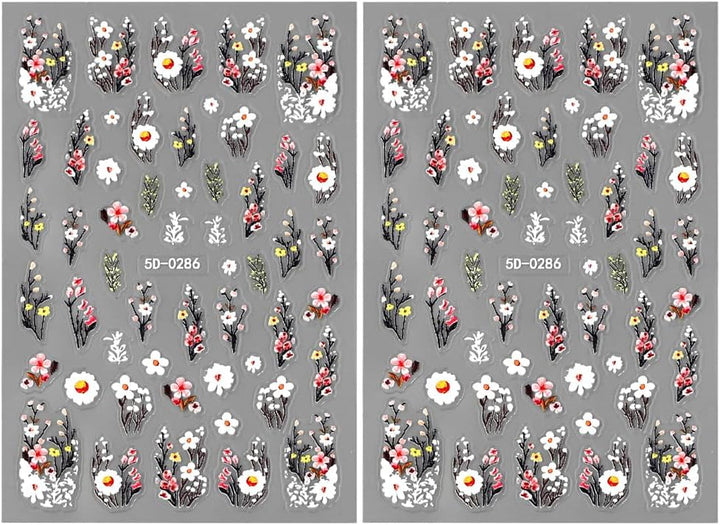 Autocolante pentru unghii cu flori de prun, autocolante pentru unghii cu flori albe și roz, autocolante pentru unghii cu flori în relief, autocolante pentru unghii cu flori de primăvară și vară, design pentru unghii, accesorii pentru unghii, nail art