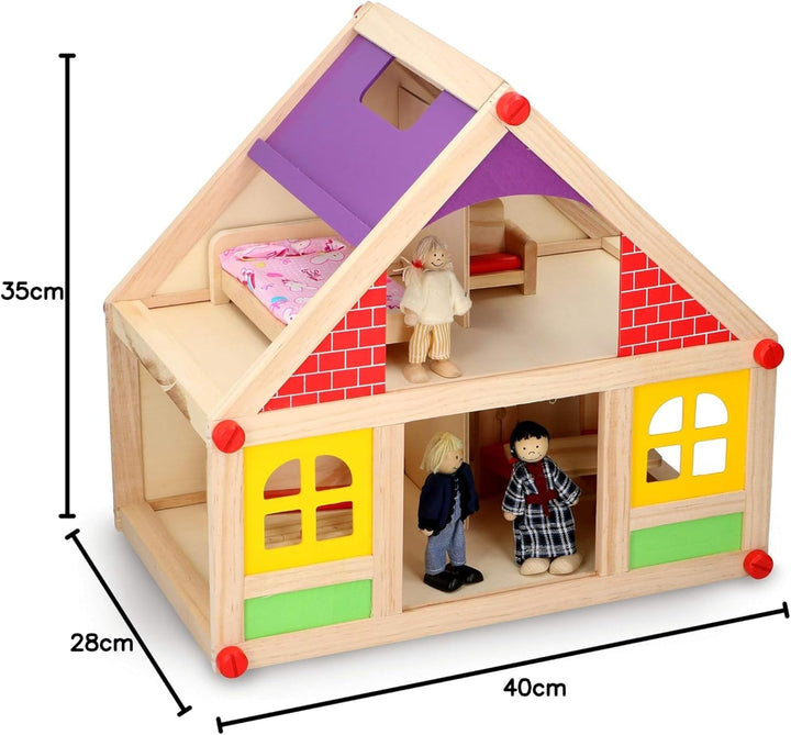 Marionette Wooden Toys - Casă de păpuși din lemn cu mobilier și păpuși - 11 bucăți Casute de papusi Naty Shop