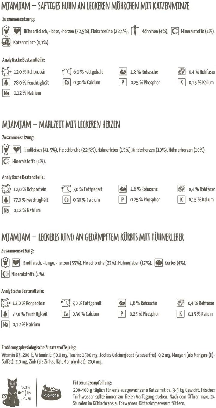 Mjamjam - Hrană umedă premium pentru pisici - Mixpack I - pui, vită, inimi, pachet de 12 (12 X 125 G), fără cereale cu extra carne