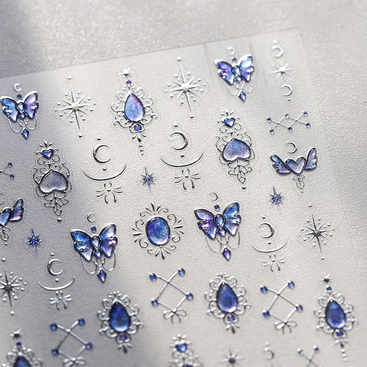 JMEOWIO 3D Nagelsticker Blauer Nail Art Sticker Selbstklebend Nagelaufkleber 5D Stereoskopisch Mondstern Dekoration Nageldesign Zubehör 1 Blatt
