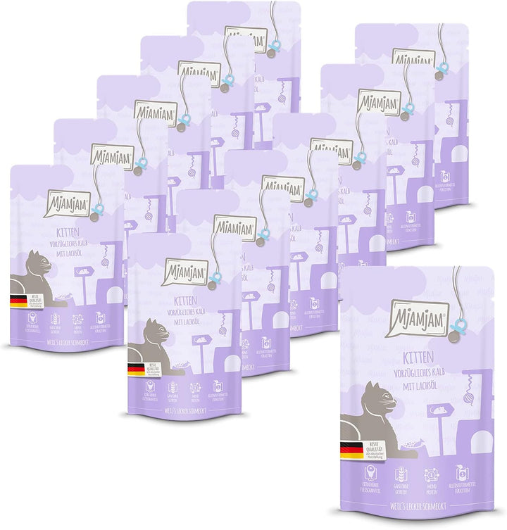 Mjamjam - Hrană umedă premium pentru pisici - Kitten Juicy Chicken cu ulei de somon, pachet de 6 (6 X 200 G), fără cereale, cu extra carne