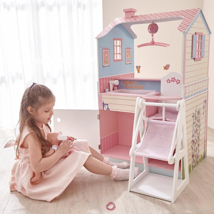 Olivia's Little World 2 En 1 Casă de păpuși și stație de schimbare Masa de schimbare Playset pentru păpuși din lemn cu scaun înalt TD-11460A Casute de papusi Naty Shop