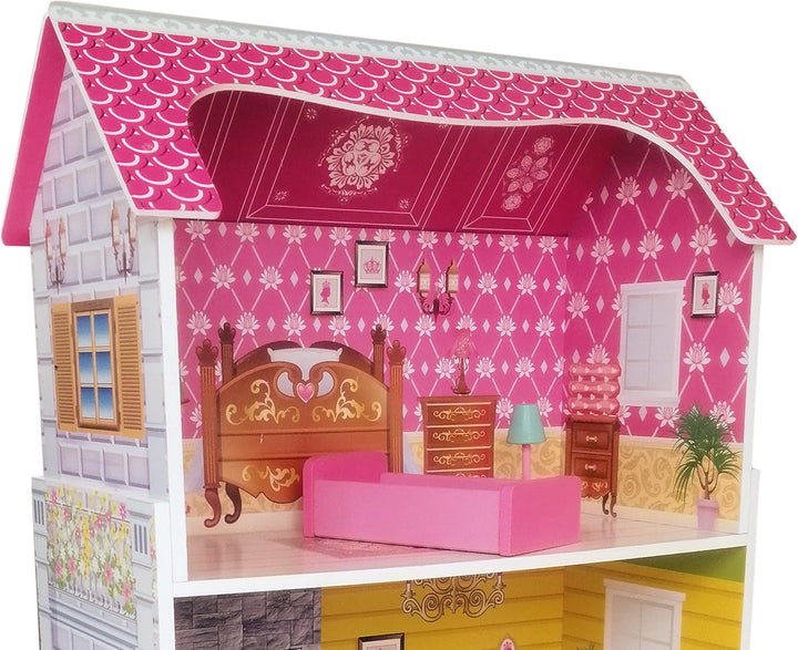 Teorema 40602 - Casă de păpuși din lemn cu 3 etaje și 5 camere, înălțime 96 cm, mobilier și decorațiuni Casute de papusi Naty Shop