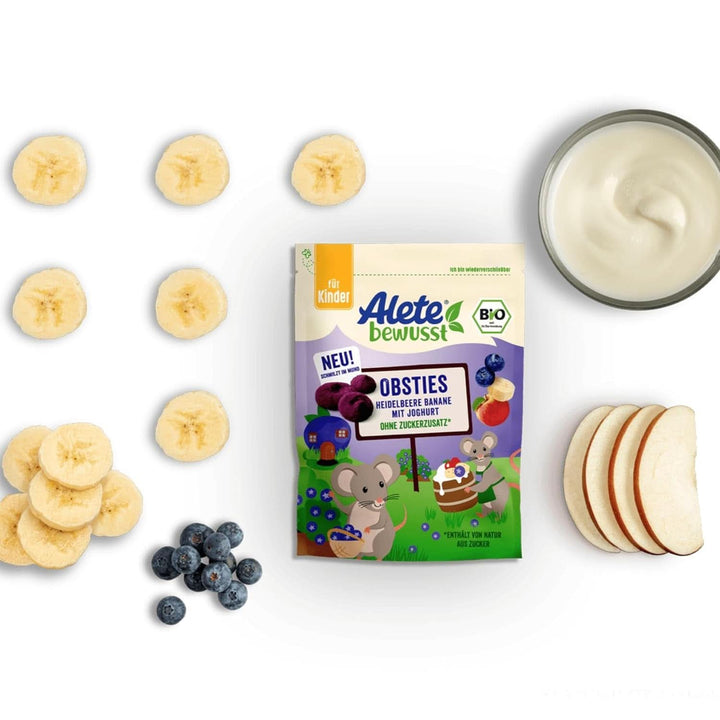 Alete Bewusst Obsties, Afine si Banana cu Iaurt, De la 3 ani, chipsuri de fructe organice liofilizate, 20 grame Mama si Copilul Naty Shop