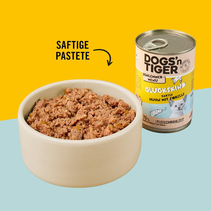 Dogs'N Tiger Gourmet Menu Glückskind, hrană umedă pentru pisoi, pui suculent și păstrăv - fără cereale, zahăr adăugat, conservanți artificiali, compatibilitate optimă, 6X400G