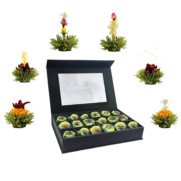 Creano 6 flori de ceai cutie cadou Ceai verde în cutie magnetică elegantă cu imprimeu argintiu - 6 sortimente diferite - cadou de Crăciun