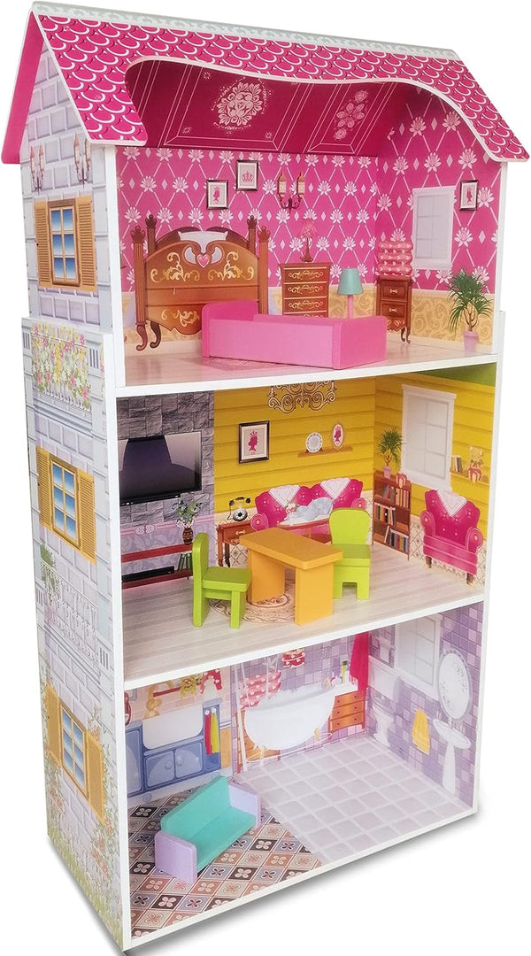 Teorema 40602 - Casă de păpuși din lemn cu 3 etaje și 5 camere, înălțime 96 cm, mobilier și decorațiuni Casute de papusi Naty Shop Titlu implicit