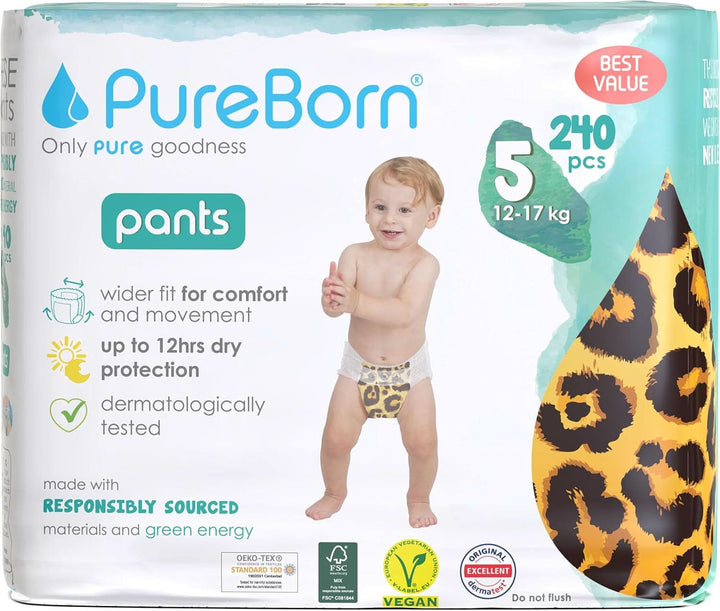 Scutece Pureborn Baby Premium Pantaloni, protectie optima zi si noapte, testate dermatologic, ultra moi, prietenoase cu pielea Mama si Copilul Naty Shop Marimea 5 (240 bucati)