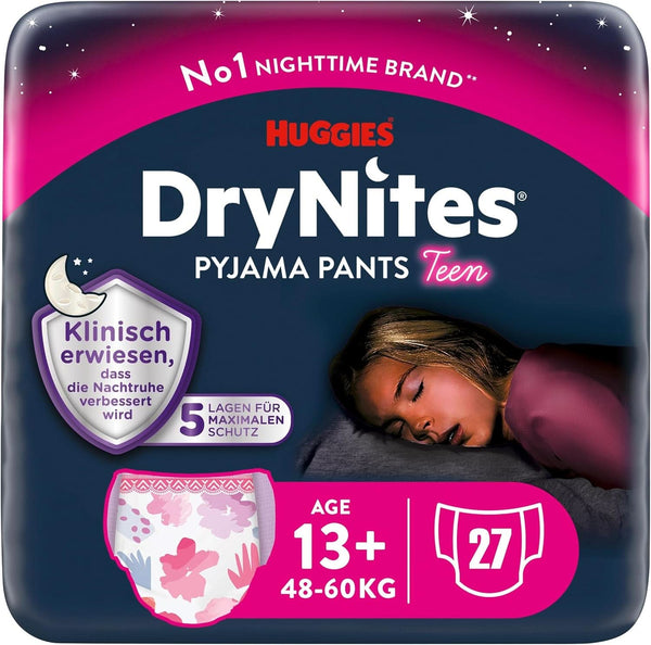 Scutece de noapte Huggies Drynites pentru fete de la 13 la cca 17 ani (48-60 kg), 27 bucati (3X9), pachet lunar Mama si Copilul Naty Shop