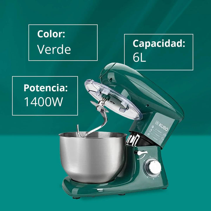 Küchenmaschine - 7 Zubehörteile: Mixbecher, Fleischwolf, Große Schüssel, Schutzdeckel, Schneebesen, Mixer Und Knetmaschine - Farbe: Grün - Fassungsvermögen: 6 Liter Mama si Copilul Naty Shop