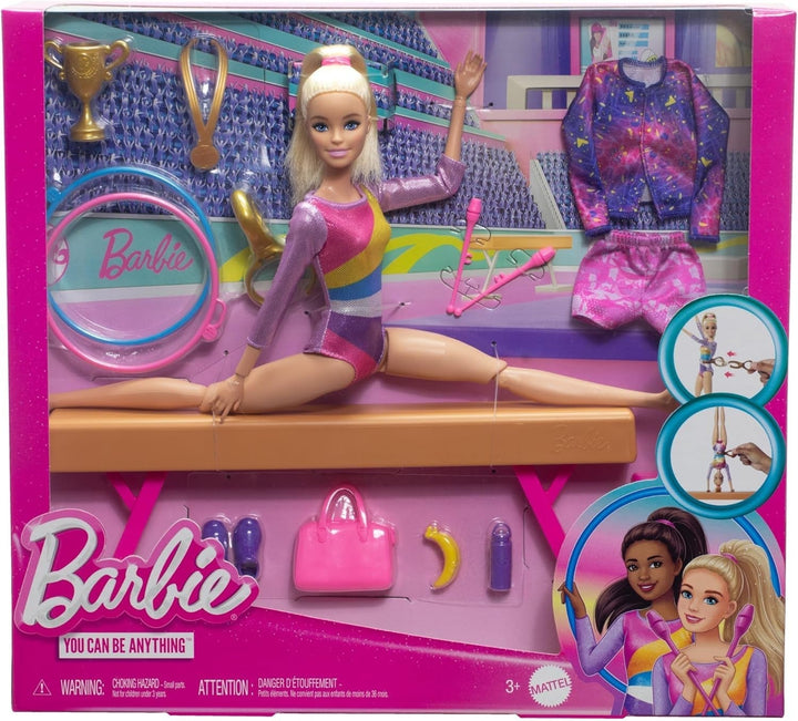 Barbie Gym Fun Playset cu bară de echilibru și peste 10 piese tematice potrivite pentru povești victorioase, HRG52 Papusi Naty Shop