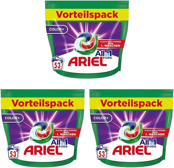 Ariel Allin1 PODS, capsule de detergent lichid Colour+ 53 de spălări, îndepărtarea excelentă a petelor la prima spălare Detergenti Rufe Naty Shop 3 x 53 capsule Model Clasic
