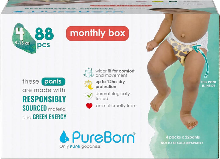 Scutece Pureborn Baby Premium Pantaloni, protectie optima zi si noapte, testate dermatologic, ultra moi, prietenoase cu pielea Mama si Copilul Naty Shop Marimea 4 (88 bucati)