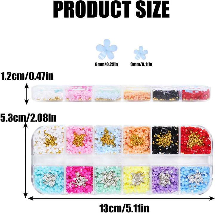 Talismani pentru unghii cu flori 3D, 12 grile de pietre pentru unghii din rășină acrilică cu flori și mărgele aurii și argintii, unghii cu gel floral, decorațiuni pentru unghii cu flori pentru femei și fete, accesorii DIY pentru manichiură