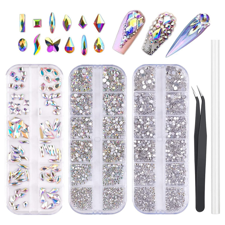 Set de 3200 de pietre pentru unghii, FITDON, pietre AB din sticlă multi-forme și pietre AB cu sclipici și diamant transparent pentru unghii, pentru decorare, seturi DIY, brelocuri pentru bijuterii, accesorii pentru unghii