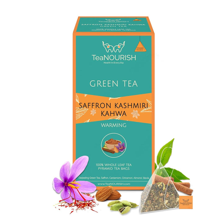 Teanourish Ghimbir Tulsi Ceai verde | 20 pliculețe de ceai piramidale | Darjeeling frunze întregi | Superalimente indiene Ghimbir, Tulsi &amp; Lemn dulce | Ameliorează stresul și favorizează digestia