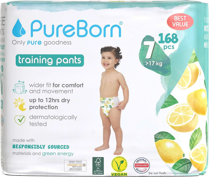 Scutece Pureborn Baby Premium Pantaloni, protectie optima zi si noapte, testate dermatologic, ultra moi, prietenoase cu pielea Mama si Copilul Naty Shop Marimea 7 (168 bucati)