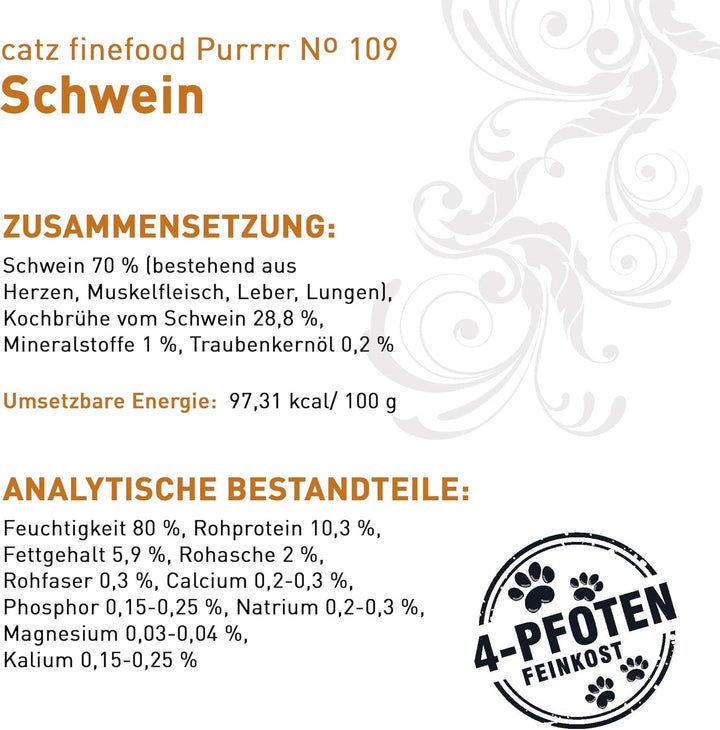 Catz Finefood Purrrrr Wild Boar Monoprotein Cat Food Wet N° 109, Pentru pisici sensibile din punct de vedere nutrițional, 70% carne, cutie 6 X 400G
