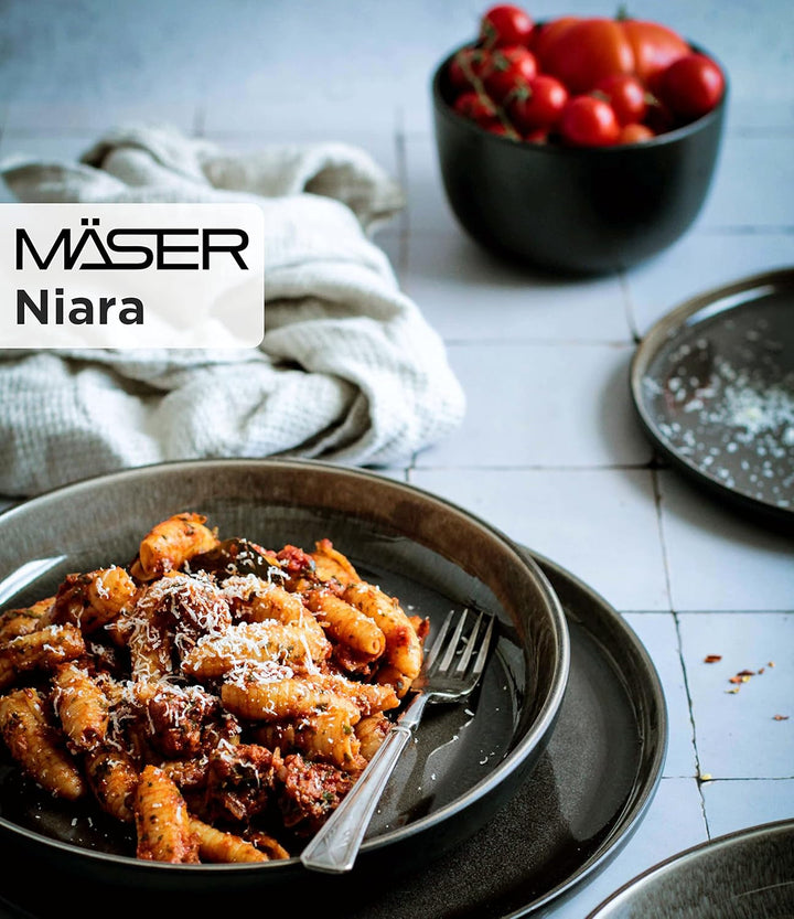 MÄSER 934020 Serie Niara, Modernes Geschirr Set Für 6 Personen in Aufregendem Vintage Look, 18-Teiliges Frühstücksgeschirr Service Aus Keramik in Grau Und Schwarz, Steinzeug Seturi vesela masa Naty Shop