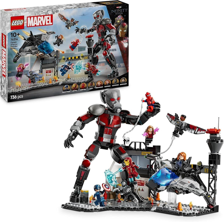 LEGO Marvel Captain America: Civil War Action Duel - Set de joacă pentru supereroi cu 8 minifigurine - Set de construcție și joacă cu avion de jucărie - Cadou pentru băieți și fete 76314 Seturi de constructie Besuche den LEGO-Store Titlu implicit