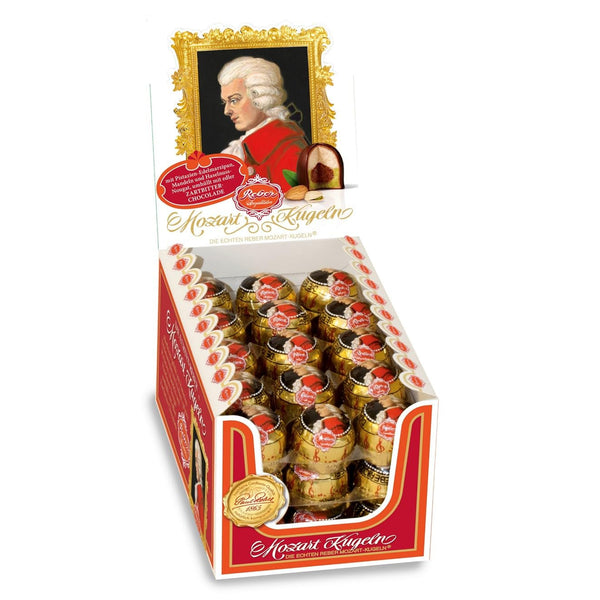 Reber Mozart, sfere din ciocolată neagră, umplute cu marțipan, fistic, migdale și nuga de alune Naty Shop 45 sfere Caseta de afișare din carton
