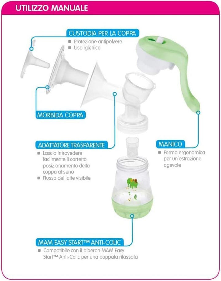 MAM Pompă de sân electrică și manuală 2 în 1, cu 9 niveluri de stimulare, conține 2 biberoane, pornire ușoară, verde Accesorii Hrana si Alaptare Bebe Naty Shop