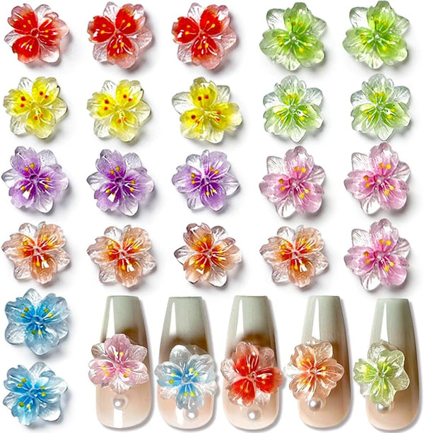 50Pcs 3D Blume Nagel Charms Nägel Zubehör Nageldesign Glitzersteine Nailart Strasssteine Flower Nail Charms Luminous Flower Nail Art Charms Bunte Blumen Deko Nagel Steinchen Flowers Nail Rhinestones
