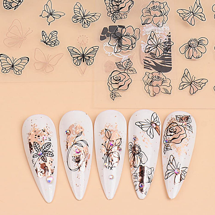 JMEOWIO Nagelsticker Rose Gold Schwarze Blume 12 Blatt Nail Art Sticker Selbstklebend Nagelaufkleber Frühlings Linie Abstraktes Blatt Dekoration Nageldesign Zubehör