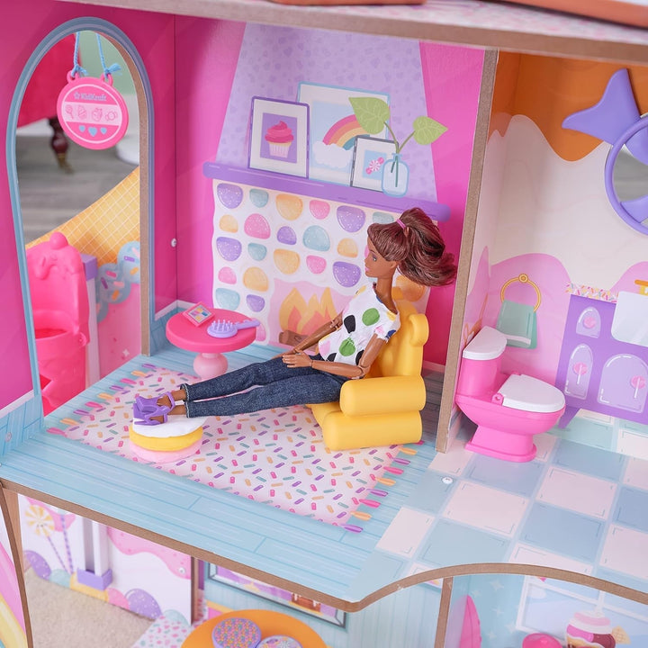 Casă de păpuși din lemn Kidkraft Candy Castle cu mobilier și accesorii, casă cu figurină Llama Unicorn, lift pentru tort de înghețată și scaun de cauciuc pentru păpuși, jucărie pentru copii de la 3 ani, 20242 Casute de papusi Naty Shop