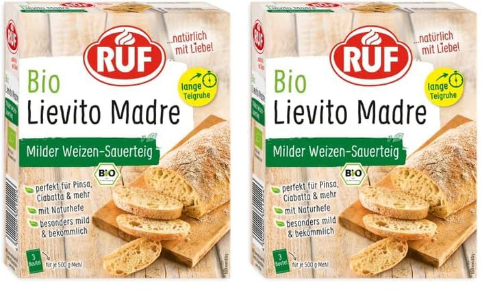 RUF Lievito Madre Sauerteig, Milder Weizen-Sauerteig, Mutterteig, Kurze Teigruhe Durch Enthaltene Trockenhefe, Lievito Madre Getrocknet Für Brot, Baguette, Focaccia, 3X35G Amestec pentru copt si gatit Naty Shop 105 G (2Er Pack) Lange Teigruhe